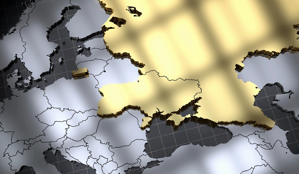 map of eastern europe with Russia and Ukraine in contrasting color reflecting sanctions screening