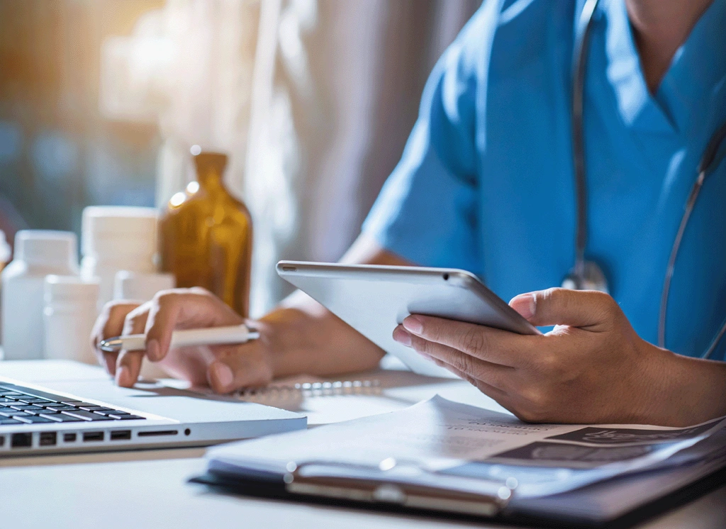 healthcare worker performing Healthcare Exclusion Screening on a mobile device