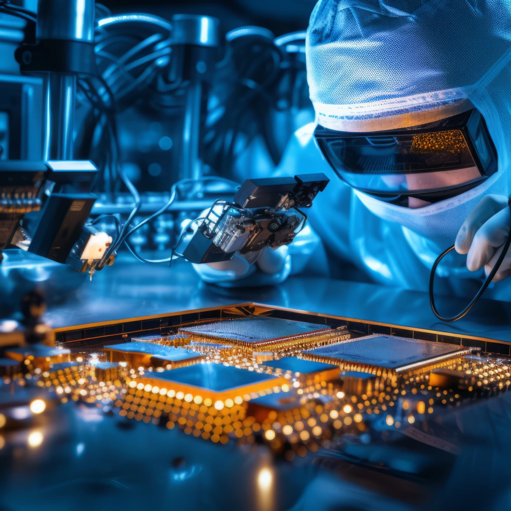 Chip manufacturer inspecting a semiconductor chip in a lab
