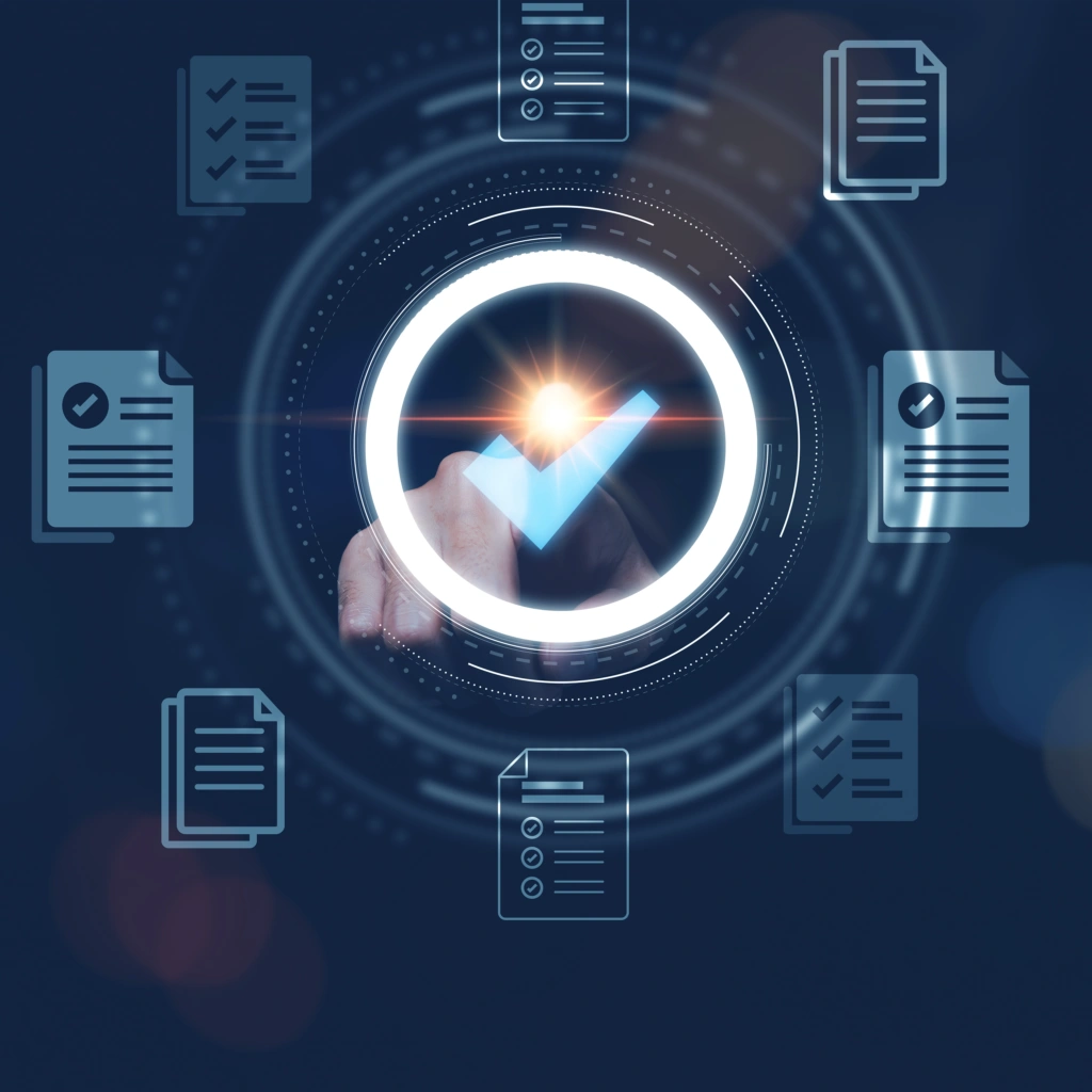 Paper files representing RFP documents with a blue light check sign